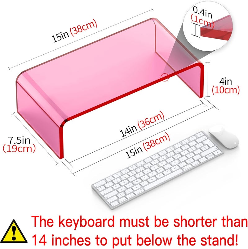 Beimu Acrylic Monitor Stand Riser L15''xW7.5''xH4'' Acrylic Laptop Stand Riser for Desk Clear Computer Monitor Stand for Desk Office Organizer for Office Home Bright Pink - Image 2