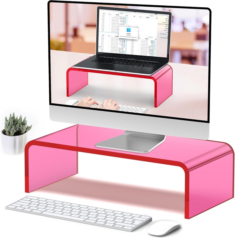 Beimu Acrylic Monitor Stand Riser L15''xW7.5''xH4'' Acrylic Laptop Stand Riser for Desk Clear Computer Monitor Stand for Desk Office Organizer for Office Home Bright Pink - Image 1