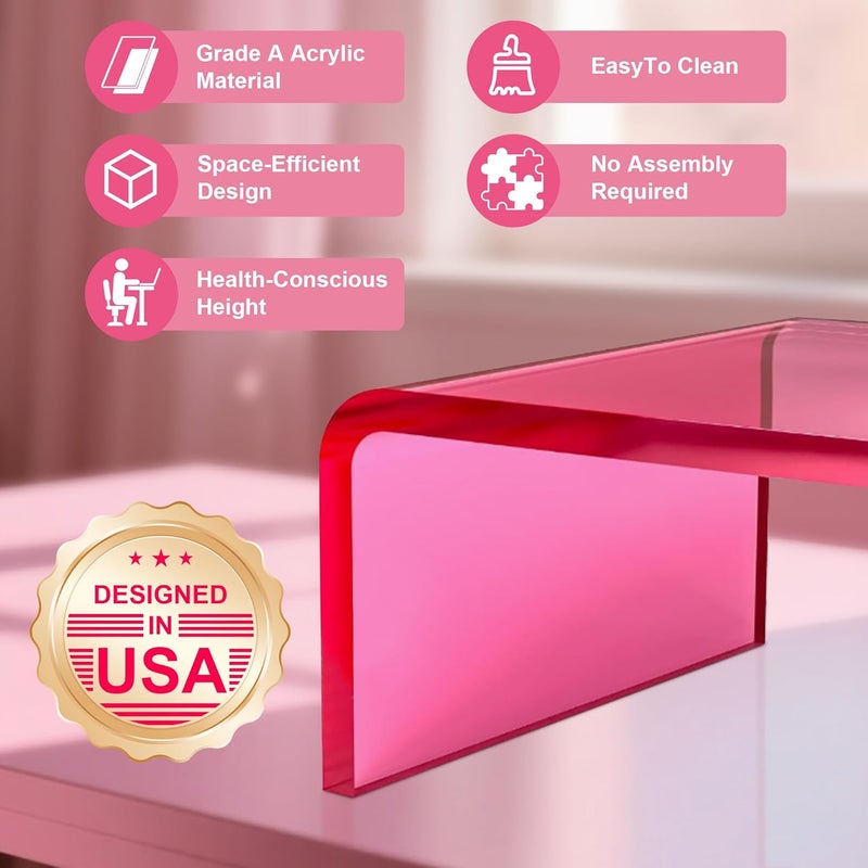 Beimu Acrylic Monitor Stand Riser L15''xW7.5''xH4'' Acrylic Laptop Stand Riser for Desk Clear Computer Monitor Stand for Desk Office Organizer for Office Home Bright Pink - Image 3