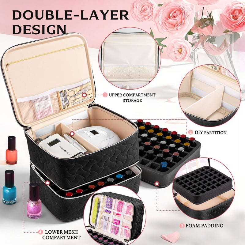 DreamGenius Nail Polish Organizer Case Holds 42 Bottles, Portable Double-Layer Nail Polish Storage Bag with Adjustable Dividers for Manicure Tools, Black - Image 4