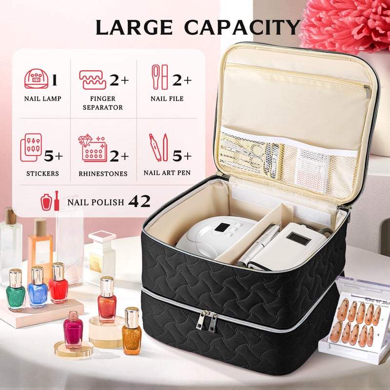 DreamGenius Nail Polish Organizer Case Holds 42 Bottles, Portable Double-Layer Nail Polish Storage Bag with Adjustable Dividers for Manicure Tools, Black - Image 2