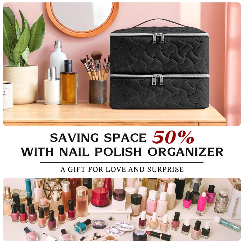 DreamGenius Nail Polish Organizer Case Holds 42 Bottles, Portable Double-Layer Nail Polish Storage Bag with Adjustable Dividers for Manicure Tools, Black - Image 3