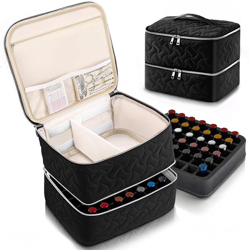 DreamGenius Nail Polish Organizer Case Holds 42 Bottles, Portable Double-Layer Nail Polish Storage Bag with Adjustable Dividers for Manicure Tools, Black - Image 1