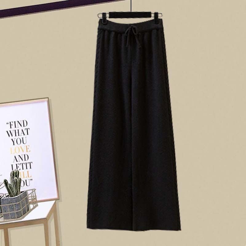 2024 Autumn Winter Plus Size Sweater Shirt Knit Pants Set Black wide-leg pants [single piece]