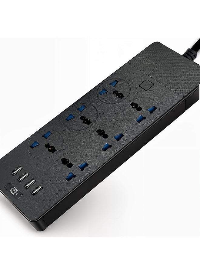 PROMASS 10 IN 1 POWER STRIP Extension Cord with 6 Outlets, Universal Plug Adapter, 4 USB Ports, Surge Protector, and 2M Bold Extension Cord (Black) with Switch  - Image 1