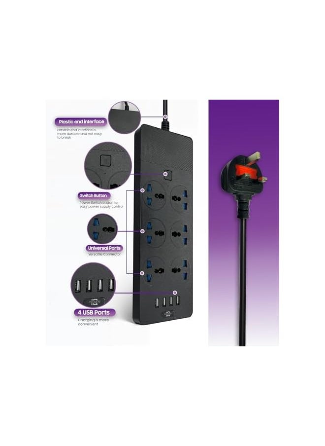 PROMASS 10 IN 1 POWER STRIP Extension Cord with 6 Outlets, Universal Plug Adapter, 4 USB Ports, Surge Protector, and 2M Bold Extension Cord (Black) with Switch  - Image 5