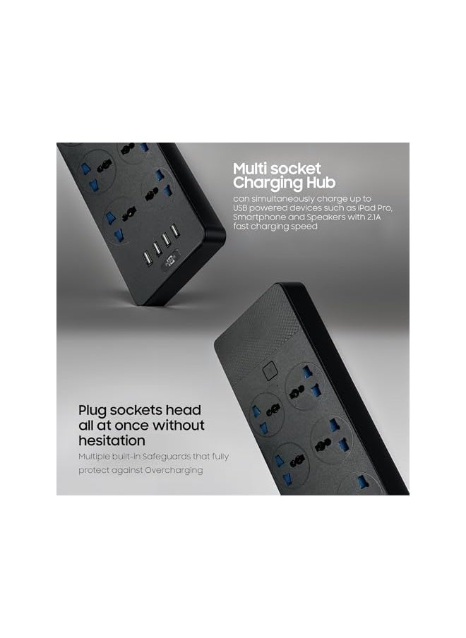 PROMASS 10 IN 1 POWER STRIP Extension Cord with 6 Outlets, Universal Plug Adapter, 4 USB Ports, Surge Protector, and 2M Bold Extension Cord (Black) with Switch  - Image 4