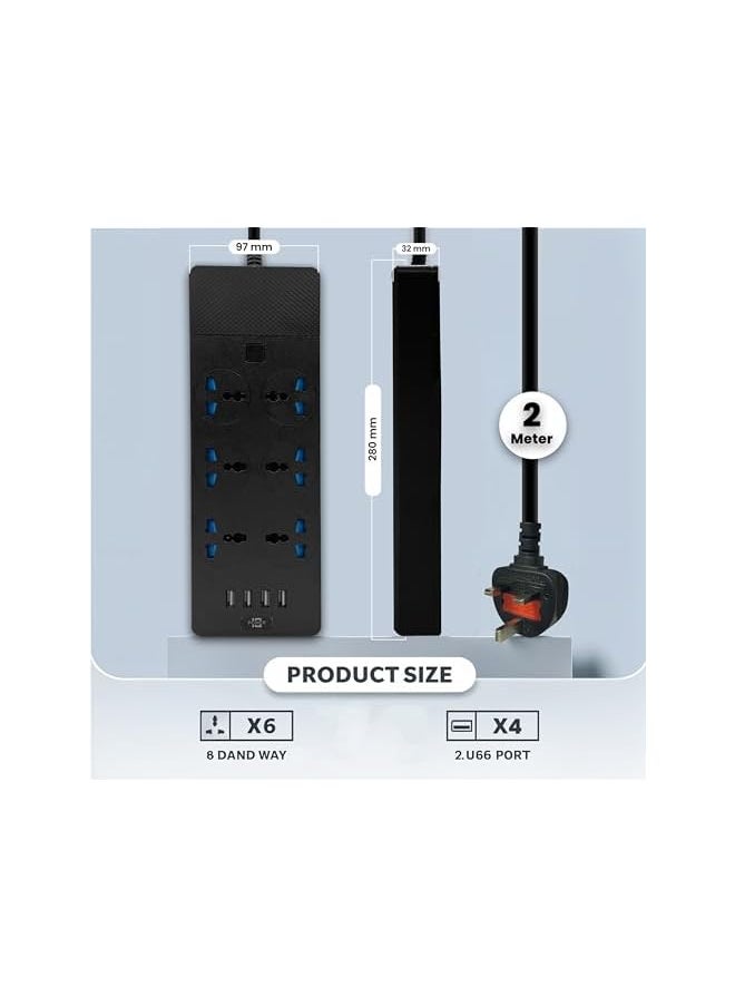 PROMASS 10 IN 1 POWER STRIP Extension Cord with 6 Outlets, Universal Plug Adapter, 4 USB Ports, Surge Protector, and 2M Bold Extension Cord (Black) with Switch  - Image 3
