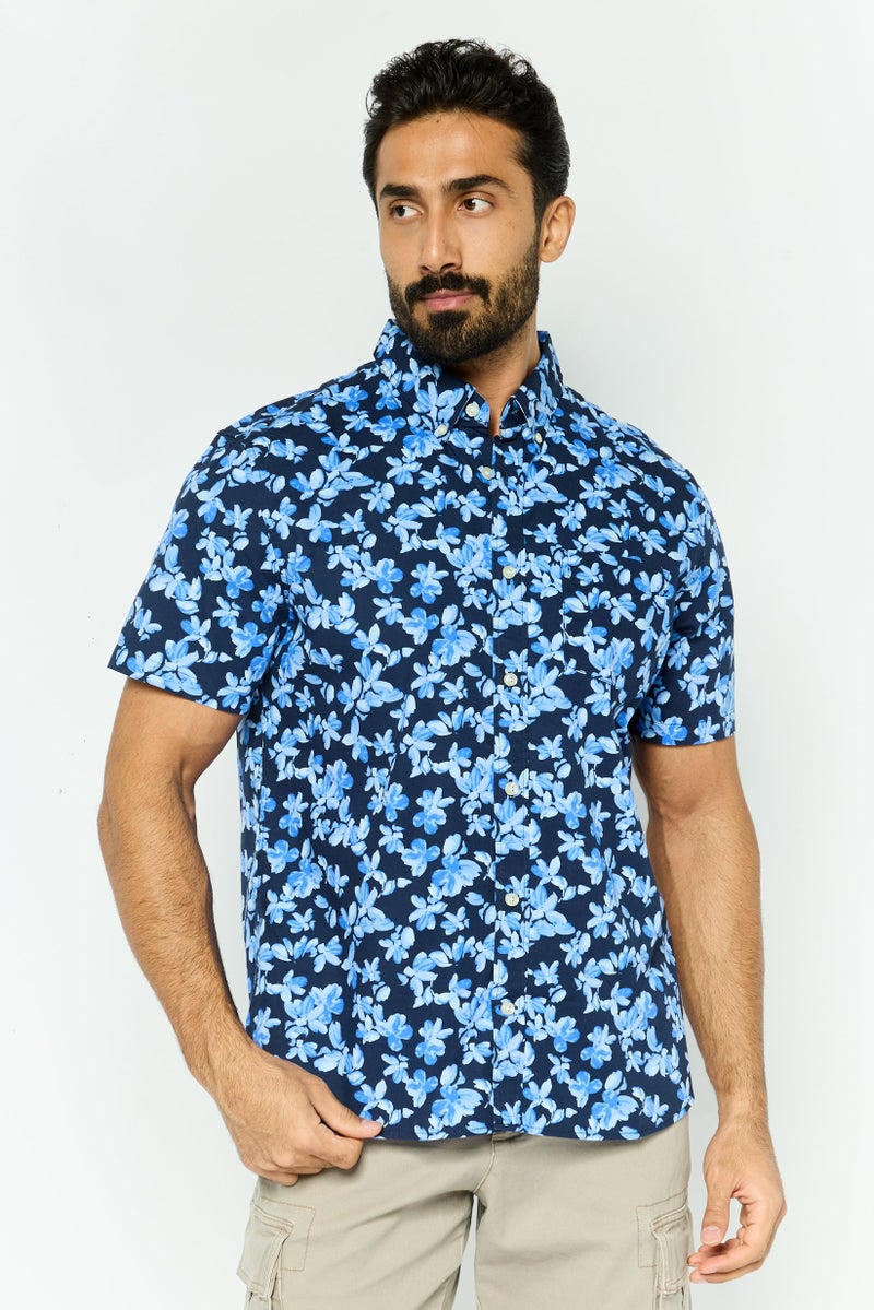 GAP Men Standard Fit Floral Print Short Sleeves Casual Shirt, Navy Combo - Image 1