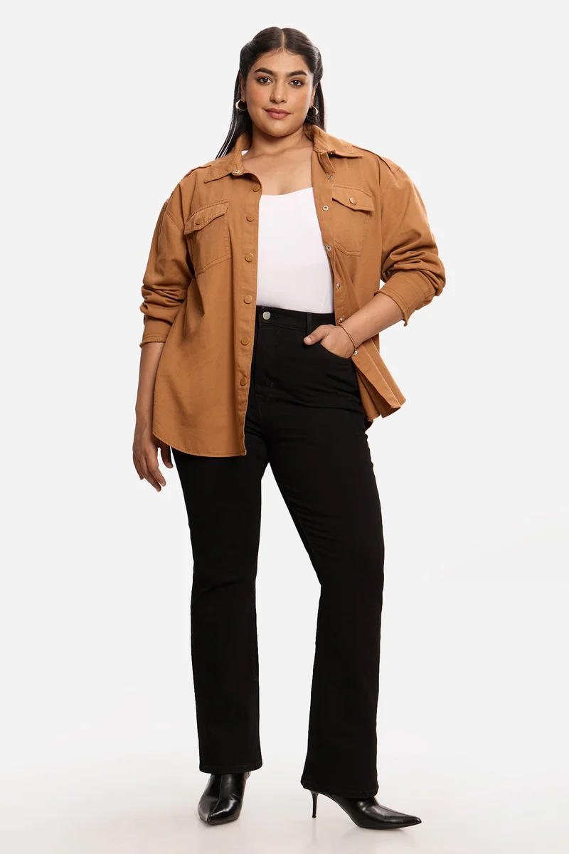 فيرجيو Solid Cotton Washed Utility Plus Size Shirt for Women