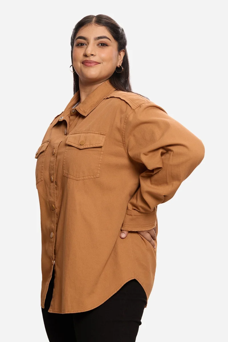 Virgio  Solid Cotton Washed Utility Plus Size Shirt for Women for Women | Best Price UAE