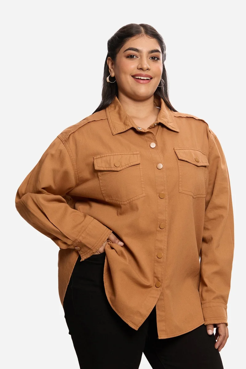 Virgio  Solid Cotton Washed Utility Plus Size Shirt for Women for Women | Best Price UAE