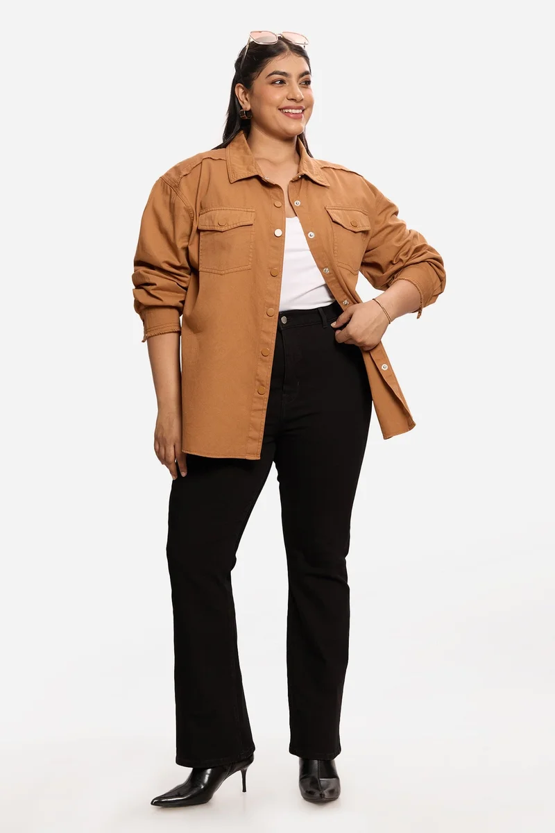 Virgio Solid Cotton Washed Utility Plus Size Shirt for Women