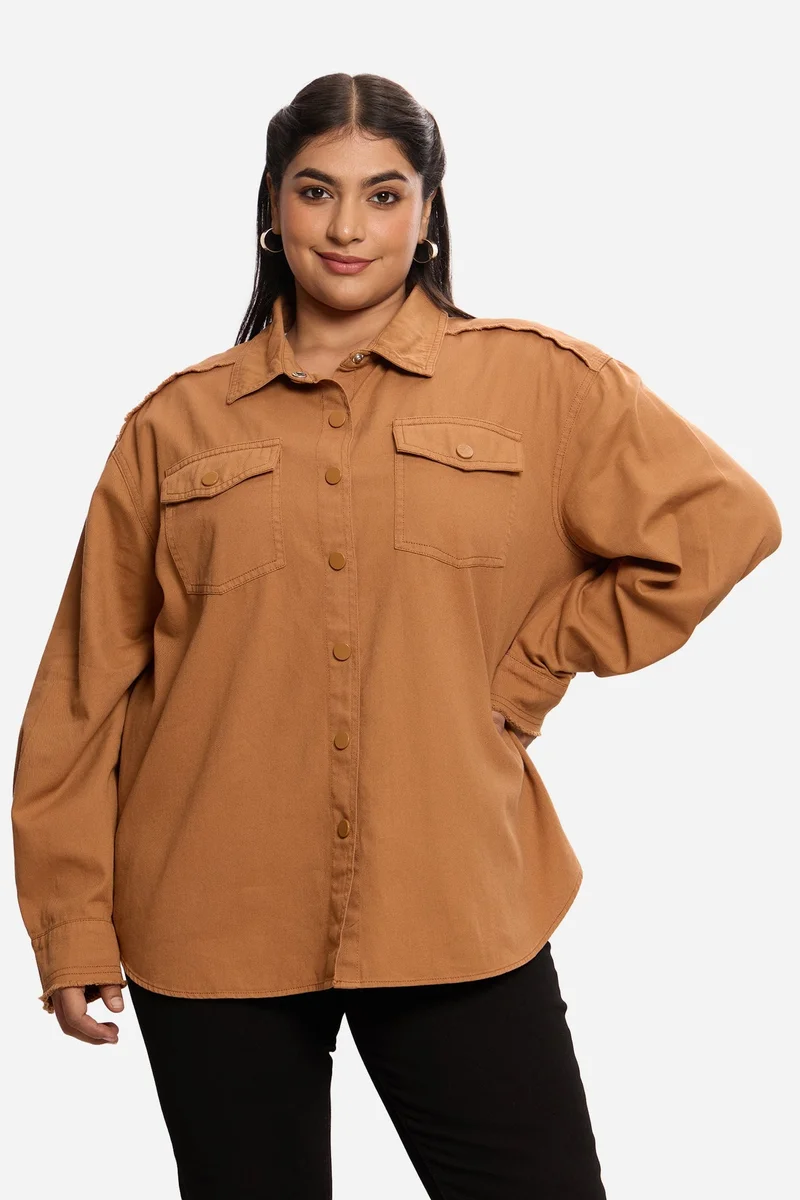 Virgio Solid Cotton Washed Utility Plus Size Shirt for Women