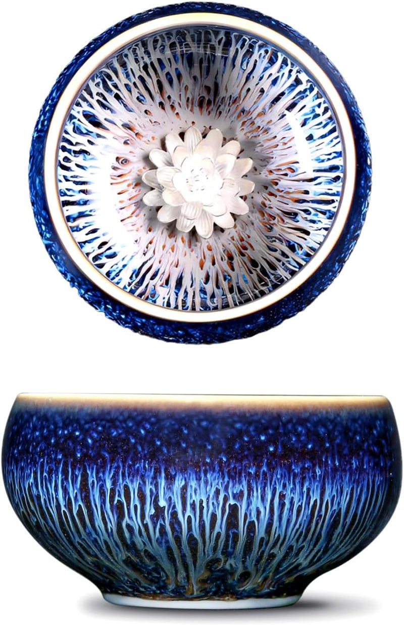 CmengAo Beautiful Jianzhan Tea Cup Blue Starry Sky Glaze Tenmoku Tea Cup with 3d Silver Lotus 3 oz Chinese Style Ceramic Small Teacup  - Image 1