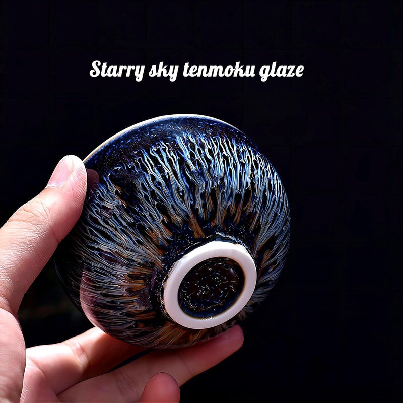 CmengAo Beautiful Jianzhan Tea Cup Blue Starry Sky Glaze Tenmoku Tea Cup with 3d Silver Lotus 3 oz Chinese Style Ceramic Small Teacup  - Image 4