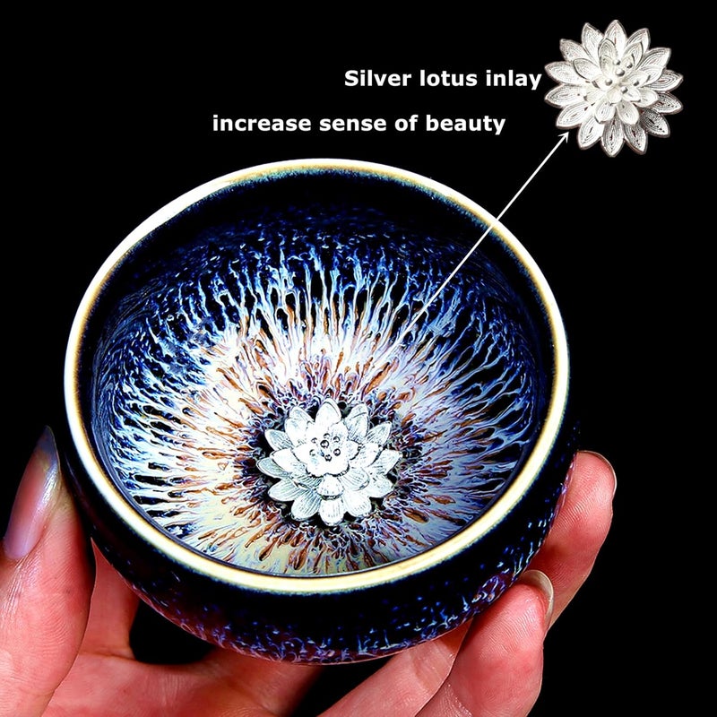 CmengAo Beautiful Jianzhan Tea Cup Blue Starry Sky Glaze Tenmoku Tea Cup with 3d Silver Lotus 3 oz Chinese Style Ceramic Small Teacup  - Image 2