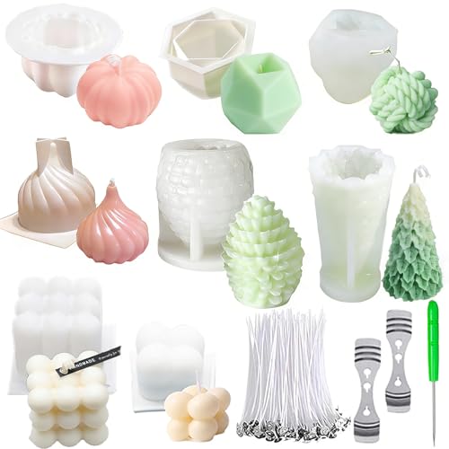 Ayuanb 8 pcs Silicone Candle Making Molds Set, 3D Silicone Mold, Pumpkin Christmas Tree Pine Cone Yarn Ball Bubble Cube Soap Baking Desser Soy Wax Candle Mold, DIY Scented Candle (with 100pcs Wax Core) - Image 1