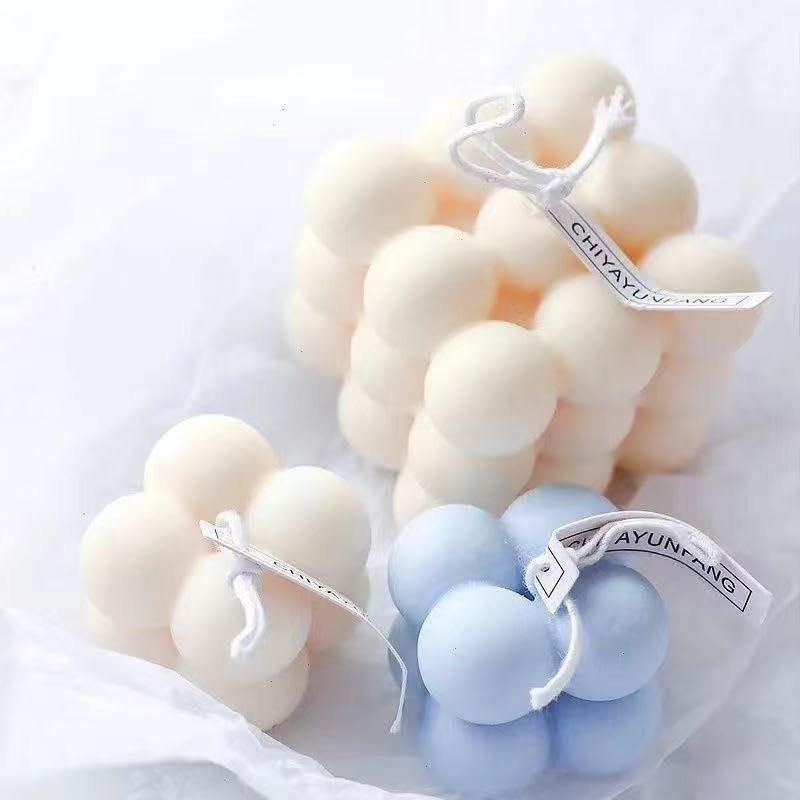 Ayuanb 8 pcs Silicone Candle Making Molds Set, 3D Silicone Mold, Pumpkin Christmas Tree Pine Cone Yarn Ball Bubble Cube Soap Baking Desser Soy Wax Candle Mold, DIY Scented Candle (with 100pcs Wax Core) - Image 3