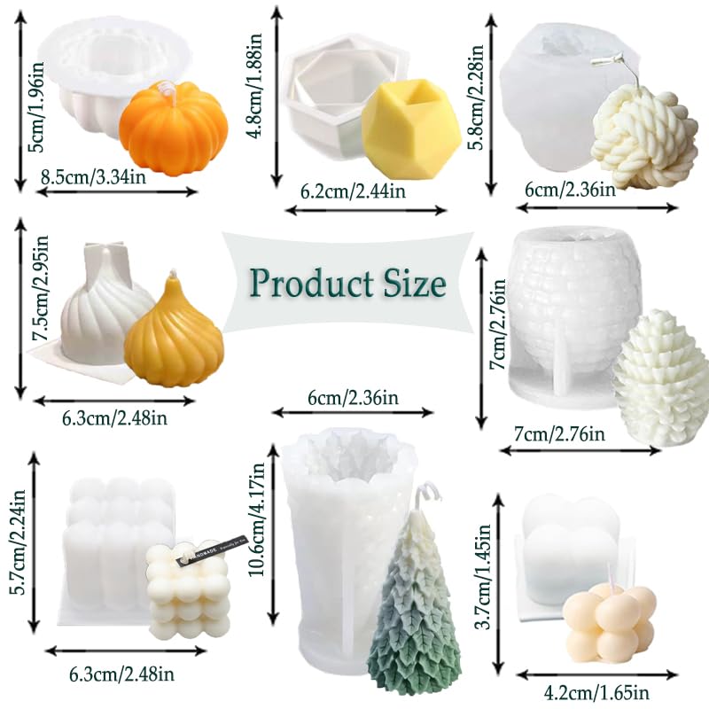 Ayuanb 8 pcs Silicone Candle Making Molds Set, 3D Silicone Mold, Pumpkin Christmas Tree Pine Cone Yarn Ball Bubble Cube Soap Baking Desser Soy Wax Candle Mold, DIY Scented Candle (with 100pcs Wax Core) - Image 2