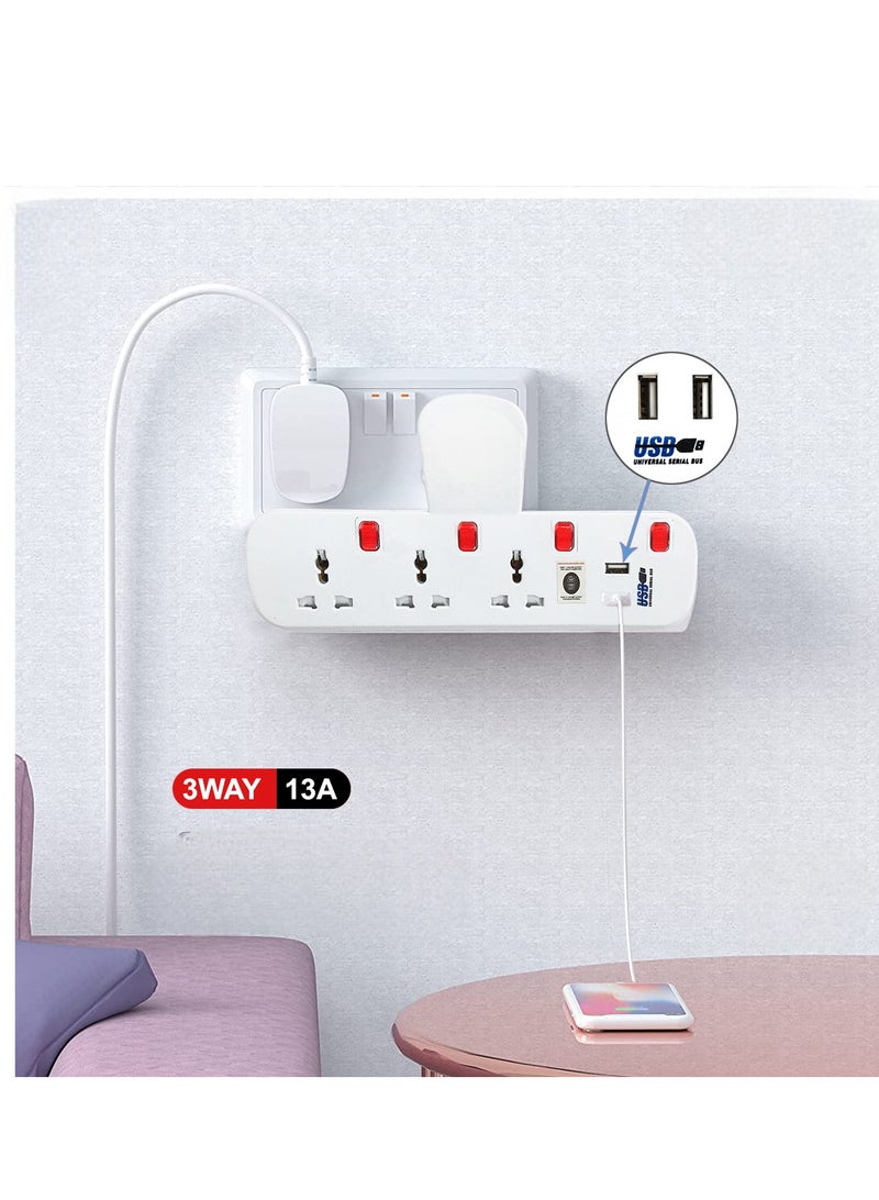 تمديد مقبس الحائط متعدد الوسائط 3 طرق 2 USB تمديد التوصيل مع مفاتيح فردية 13Amp تصاعد المحمي تمديد الرصاص دون كابل - Image 3