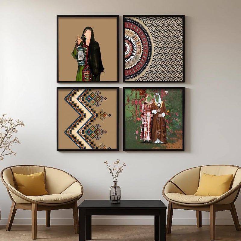 ماركتنا أربع لوحات قماشية فنية لتزيين الحائط مع برواز اسود مجوف بتصميم الفن النجدي - Image 1