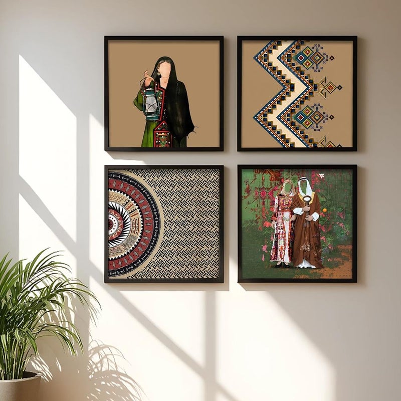 ماركتنا أربع لوحات قماشية فنية لتزيين الحائط مع برواز اسود مجوف بتصميم الفن النجدي - Image 3