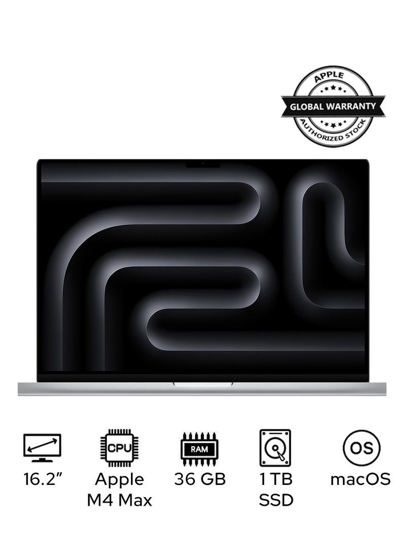 ابل  ماك بوك برو MX2V3 بشاشة 16.2 بوصة، معالج M4 Max رباعي النواة، معالج رسوميات ثنائي وثلاثي النواة | ذاكرة وصول عشوائي 36 جيجابايت | قرص صلب SSD بسعة 1 تيرابايت | نظام macOS | يدعم اللغتين الإنجليزية والعربية | فضي الإنجليزية/العربية - Image 1