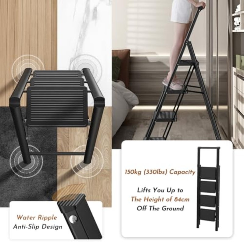 4-Step Folding Ladder with Handrail, Prime Quality Carbon Steel Multi-Use Foldable 4-Step Ladder for Home, Maximum Load 150KG, with Anti-Slip Wide Pedals, Home/Kitchen/Workshop/Garden Essential - Image 5