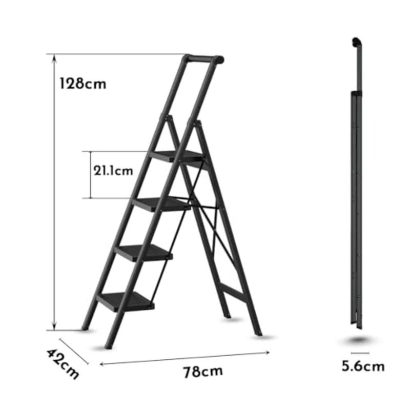 4-Step Folding Ladder with Handrail, Prime Quality Carbon Steel Multi-Use Foldable 4-Step Ladder for Home, Maximum Load 150KG, with Anti-Slip Wide Pedals, Home/Kitchen/Workshop/Garden Essential - Image 2
