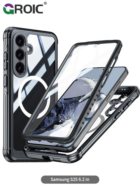 for Samsung Galaxy S25 Case, with Built-in HD Screen Protector Shockproof Anti Spy Magnetic Back Phone Cover for S25 5G, Black