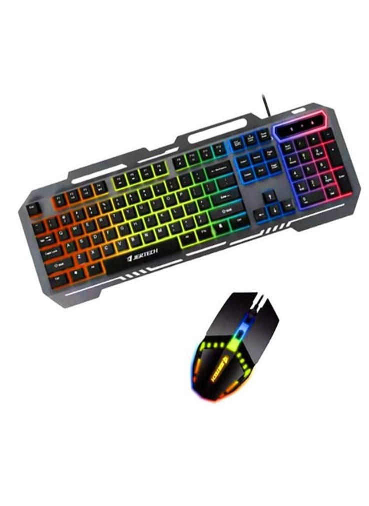 JERTECH Slim Ergonomic Gold Rainbow Backlight Wired Gaming Keyboard and Mouse Combo for PC Gamer Laptop KM960  - Image 1