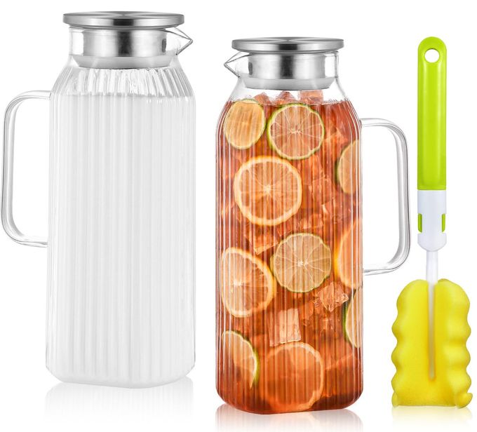 2 Liters/68oz 2 Pack Stripes Glass Pitcher with Lid and Handle for Fridge Door, Aofmee Borosilicate Glass Heat Resistant Dishwasher Safe Iced Tea Jar, Carafe with Scale Line for Hot/Cold Beverage