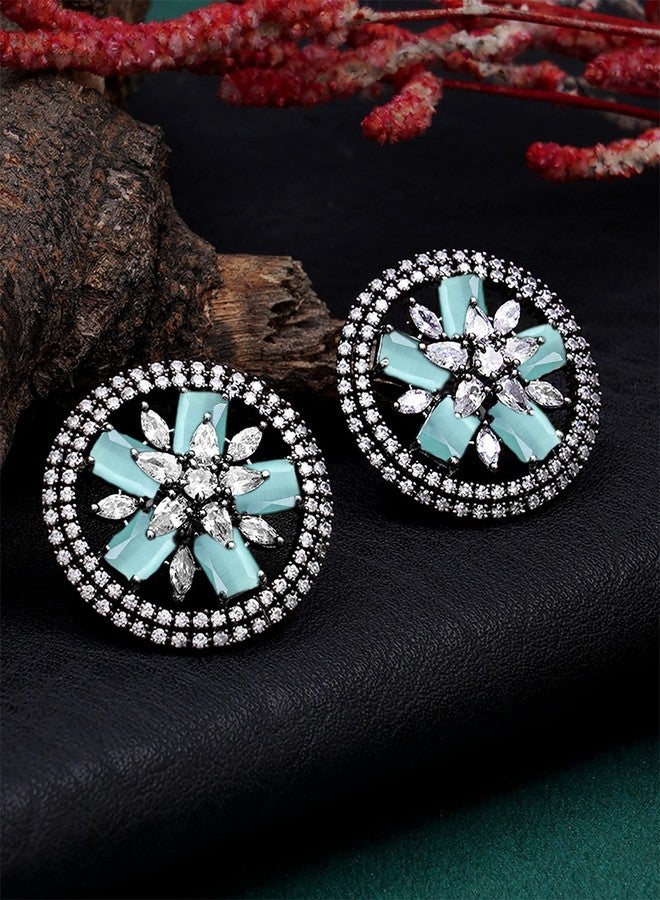 Karatcart Light Green American Diamond Studded Floral Stud Earrings for Women - Image 3