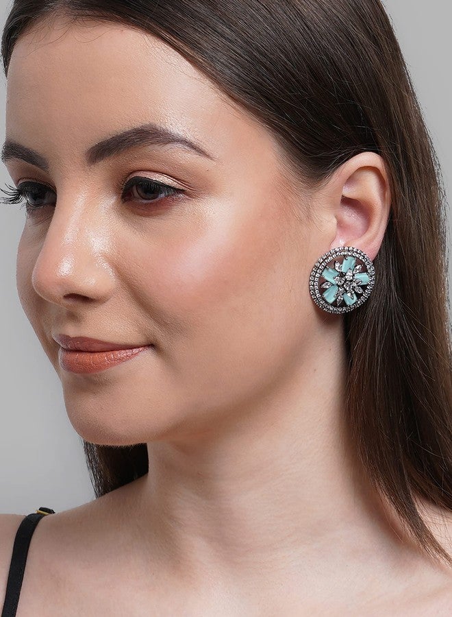 Karatcart Light Green American Diamond Studded Floral Stud Earrings for Women - Image 2