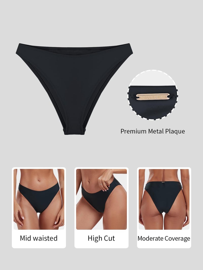 RELLECIGA Women's Black Mid Waisted High Cut Bikini Bottoms Size Small - Image 5