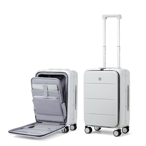 MILADA Carry On Luggage 22x14x9 Airline Approved Spinner Wheels TSA Luggage 20 Inch Hard Shell Suitcases Front Opening Pocket Rolling Aluminum Frame Travel Luggage,Smoke White - Image 1