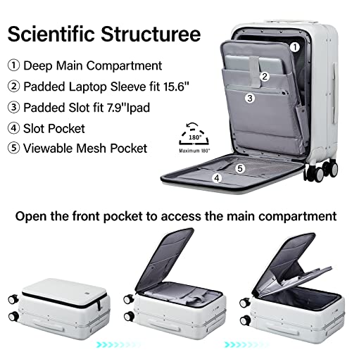 MILADA Carry On Luggage 22x14x9 Airline Approved Spinner Wheels TSA Luggage 20 Inch Hard Shell Suitcases Front Opening Pocket Rolling Aluminum Frame Travel Luggage,Smoke White - Image 5