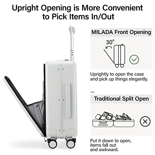 MILADA Carry On Luggage 22x14x9 Airline Approved Spinner Wheels TSA Luggage 20 Inch Hard Shell Suitcases Front Opening Pocket Rolling Aluminum Frame Travel Luggage,Smoke White - Image 4