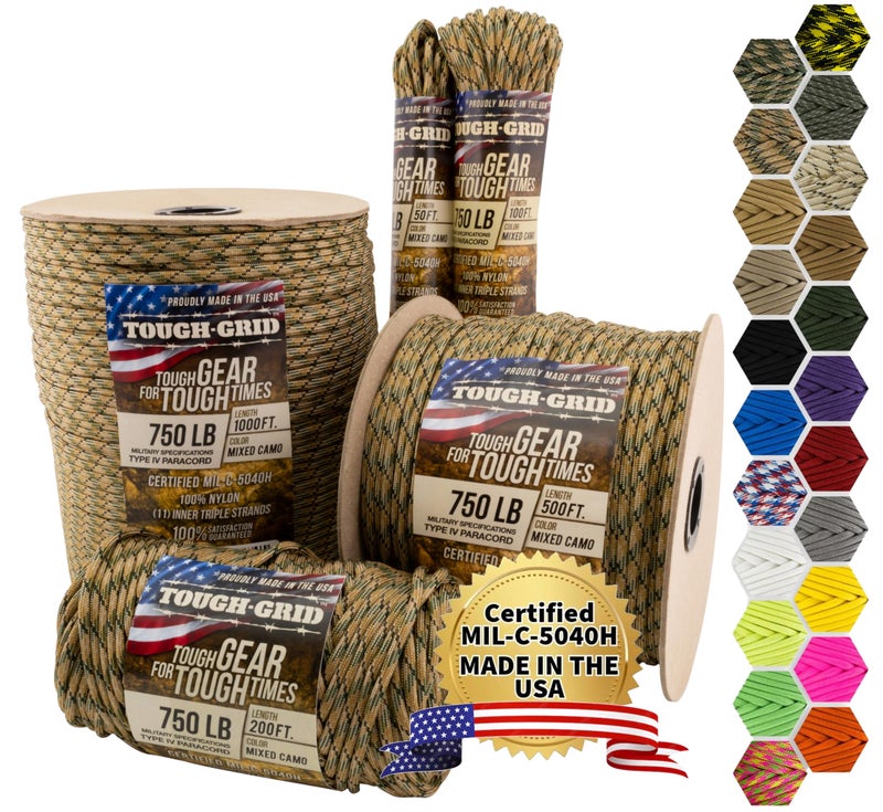 TOUGH-GRID 750 Paracord Rope Nylon Parachute Cord, Made in USA Survival Kit, Outdoor Adventures, Camping, Tactical Gear & Emergency Supplies, Military Type IV Mil-Spec - Image 1