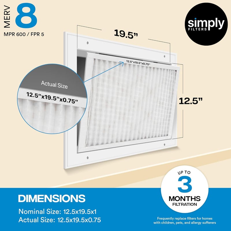 SIMPLY 12x20x1 Air Filter, MERV 8, 6 Pack, For Home AC Furnace & HVAC (Actual Size: 11.75"x19.75"x0.75") DUST, Pet, & Allergy Control - Image 3