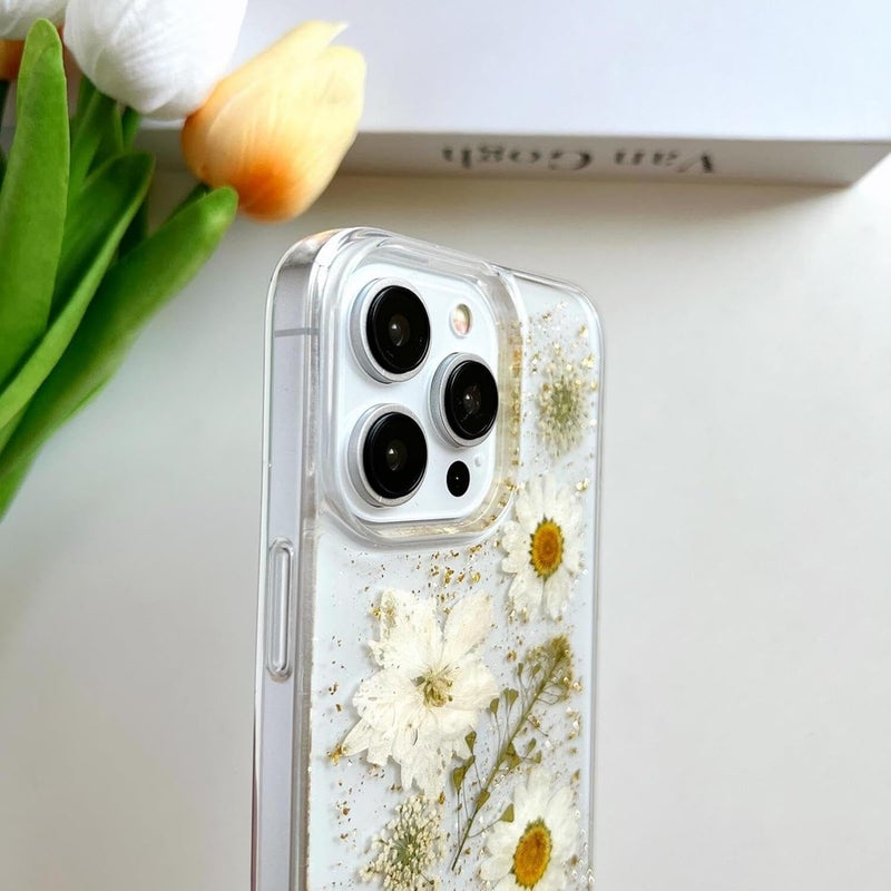 Tazweeq غطاء شفاف لجهاز iPhone 15 Pro Max من بتصميم زهور حقيقية مضغوطة، نمط زهور بيضاء لامعة لطيفة، غطاء حماية ناعم من TPU رفيع للنساء والفتيات لجهاز iPhone 15 Pro Max - Image 5