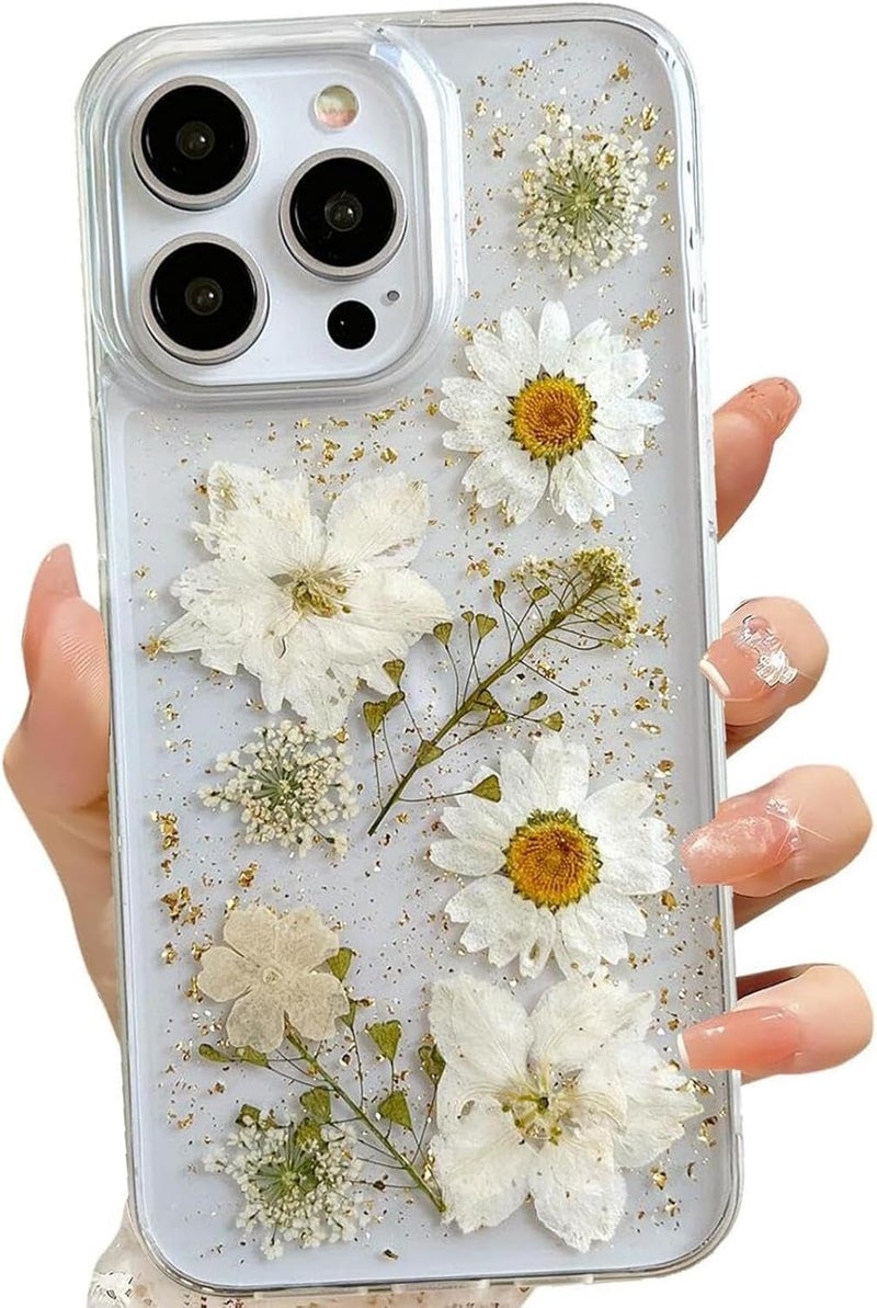Tazweeq غطاء شفاف لجهاز iPhone 15 Pro Max من بتصميم زهور حقيقية مضغوطة، نمط زهور بيضاء لامعة لطيفة، غطاء حماية ناعم من TPU رفيع للنساء والفتيات لجهاز iPhone 15 Pro Max - Image 1
