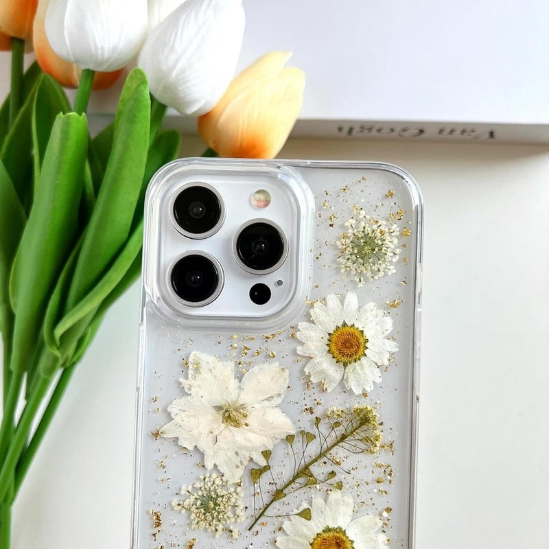 Tazweeq غطاء شفاف لجهاز iPhone 15 Pro Max من بتصميم زهور حقيقية مضغوطة، نمط زهور بيضاء لامعة لطيفة، غطاء حماية ناعم من TPU رفيع للنساء والفتيات لجهاز iPhone 15 Pro Max - Image 4