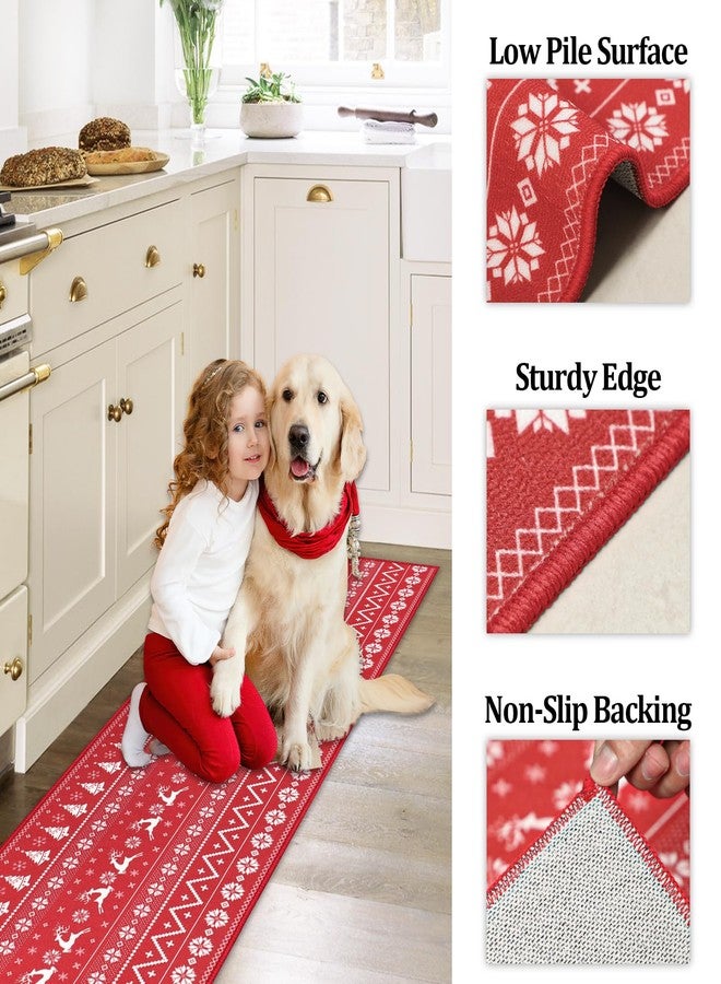 Capslpad Christmas Kitchen Rugs Set of 3 Washable Non Slip Kitchen Floor Runner Mats Xmas Trees Deer Kitchen Mats Low-Profile Geometric Soft Rug for Hallway,Deer Red 20"x32"+20"x48"+20"x59" - Image 3