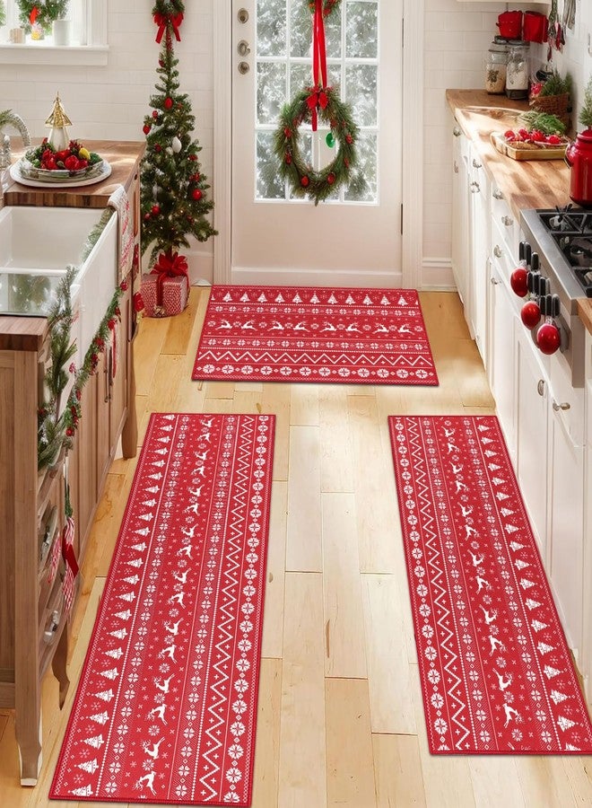 Capslpad Christmas Kitchen Rugs Set of 3 Washable Non Slip Kitchen Floor Runner Mats Xmas Trees Deer Kitchen Mats Low-Profile Geometric Soft Rug for Hallway,Deer Red 20"x32"+20"x48"+20"x59" - Image 1