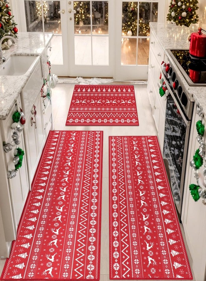 Capslpad Christmas Kitchen Rugs Set of 3 Washable Non Slip Kitchen Floor Runner Mats Xmas Trees Deer Kitchen Mats Low-Profile Geometric Soft Rug for Hallway,Deer Red 20"x32"+20"x48"+20"x59" - Image 4