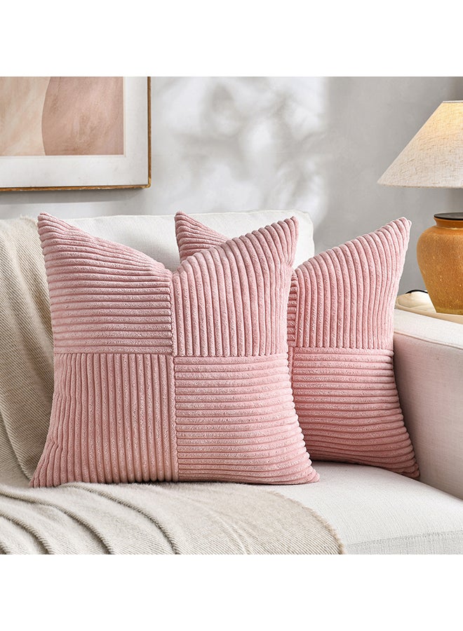 Fancy Homi أغطية وسائد مزخرفة بلون وردي فاتح من فانس هومي - عبوة من 2 - 18x18 بوصة لغرفة المعيشة والأريكة والسرير، ديكور منزلي ريفي بوهيمي، غلاف وسادة مربع ناعم من قماش الكوردuroy بتصميم باتش وورك 45x45 سم - Image 1