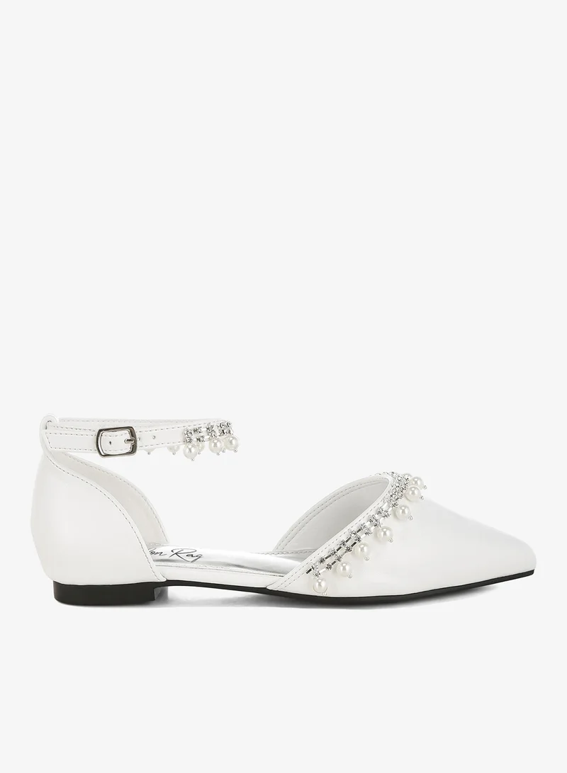 Rhinestone & Pearl Ankle Strap Flat Sandals in White