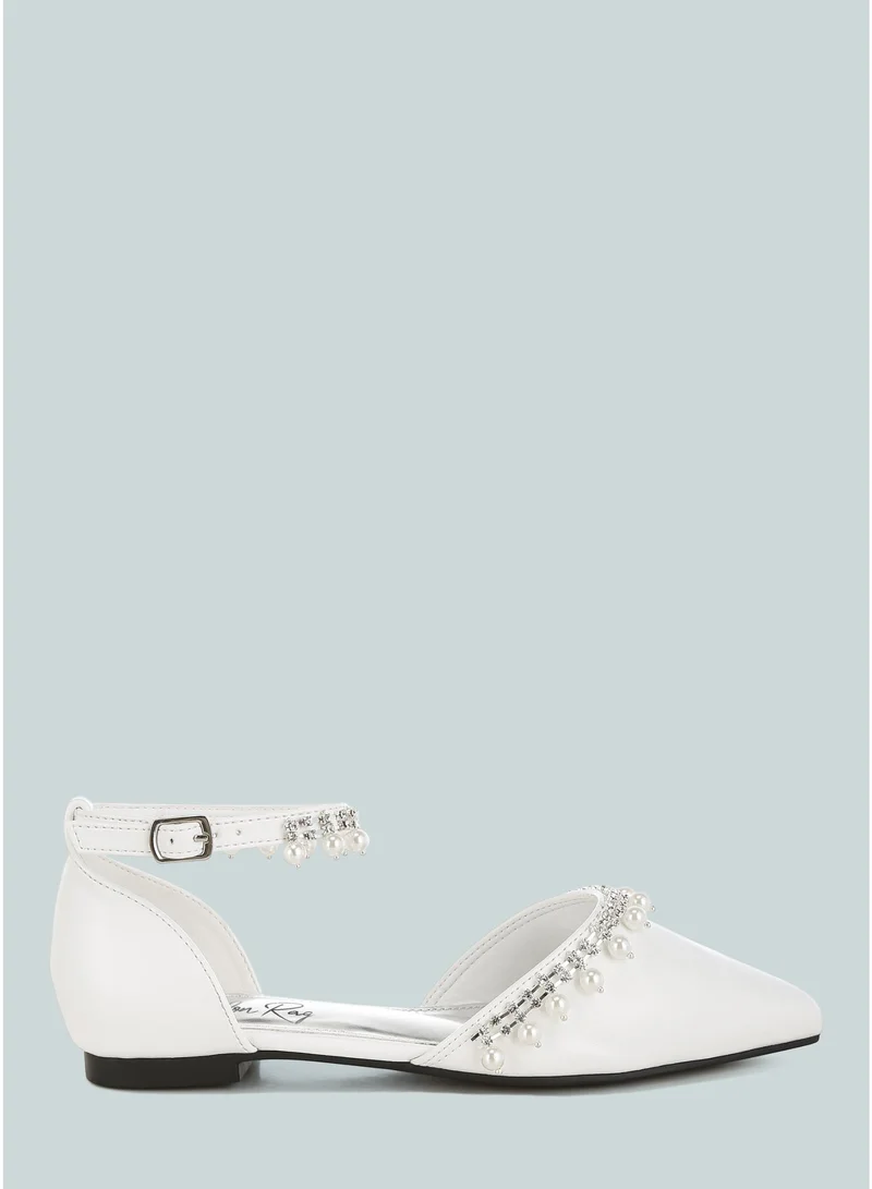 Rhinestone & Pearl Ankle Strap Flat Sandals in White